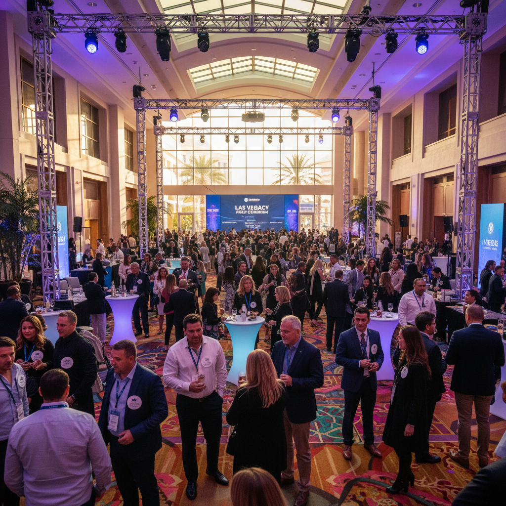 Career expo event with booths and young attendees networking, bright indoor venue, energetic atmosphere