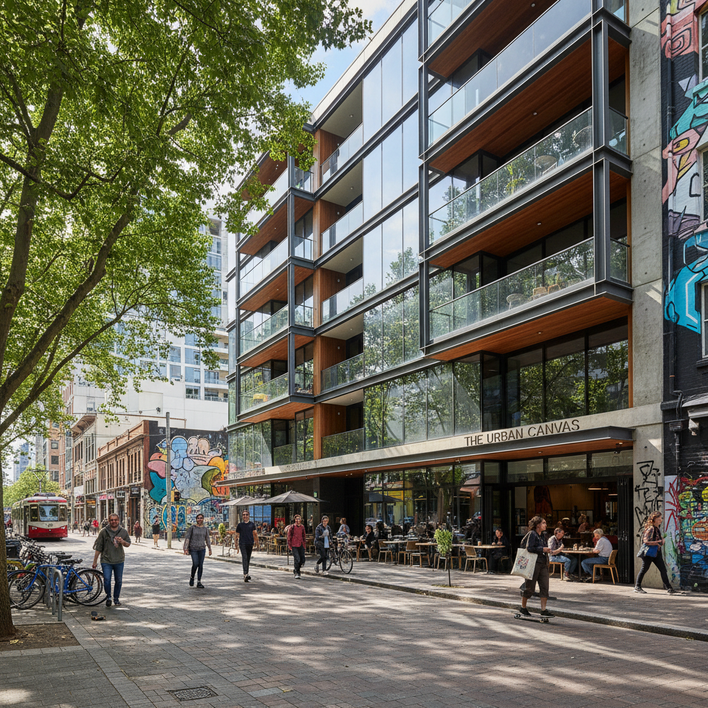 Modern apartment building street-level retail with glass facade and pedestrian-friendly design