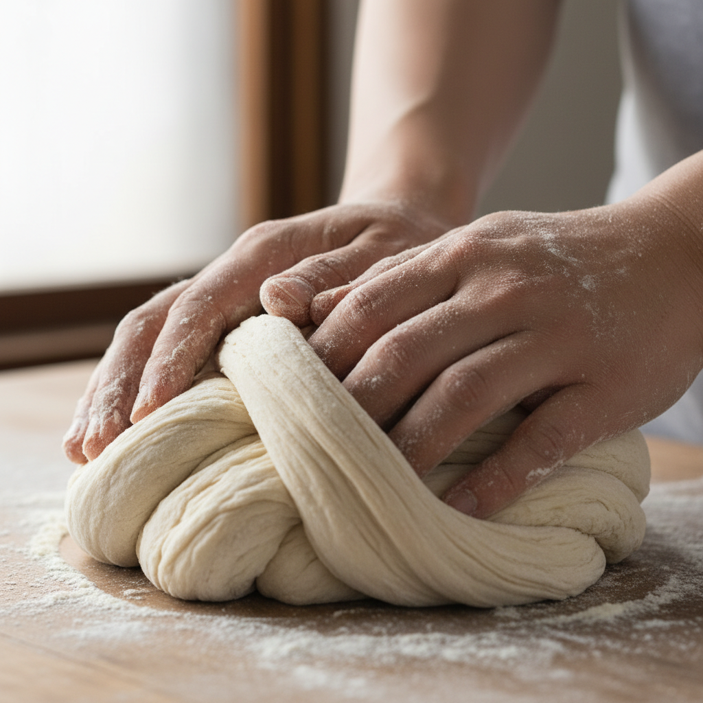 Close-up of flour-dusted hands kneading udon dough on a hinoki wooden board, thick dough folds visible