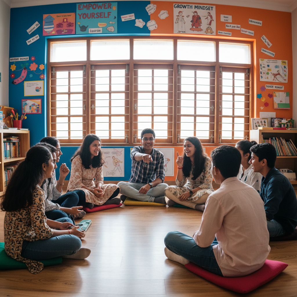 Young Indian students engaged in animated discussion at a workshop, bright collaborative environment