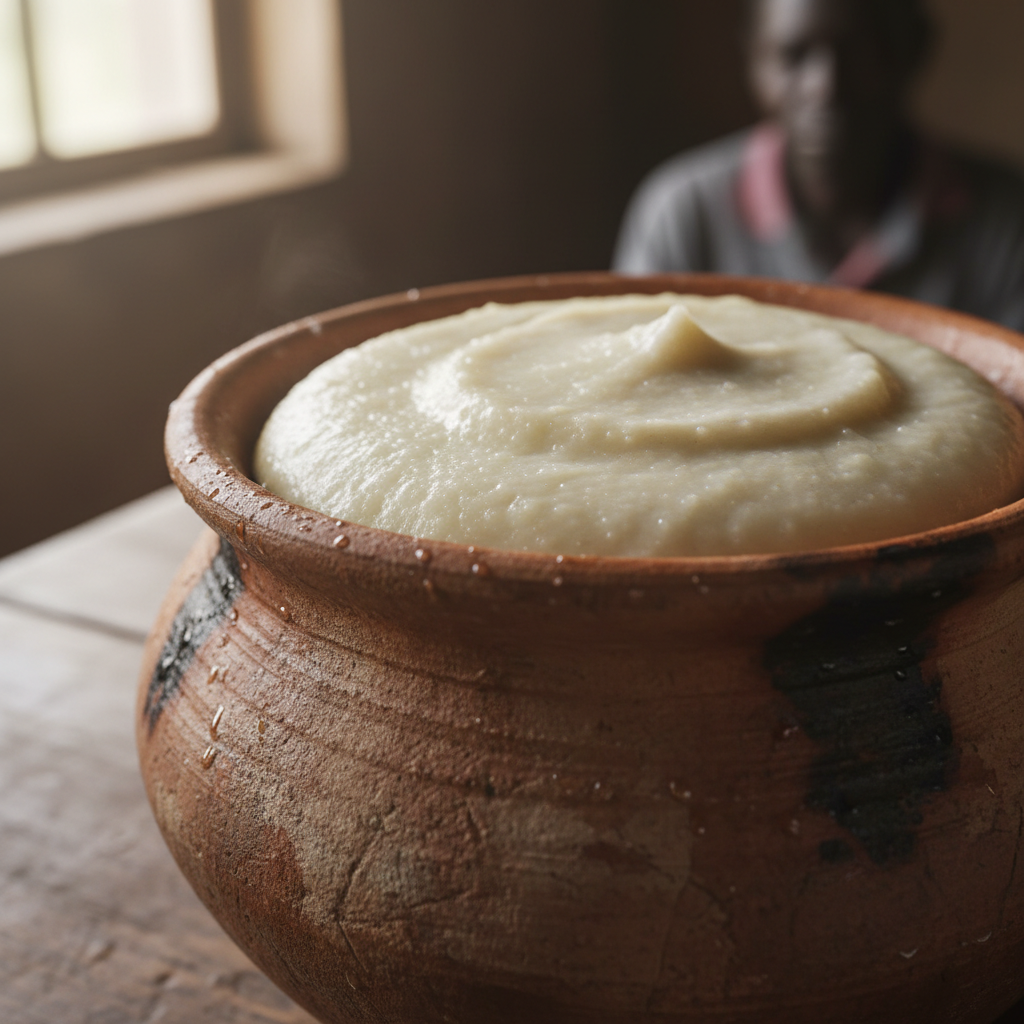 Sadza white porridge shaped by hand in a clay pot, earthy textures