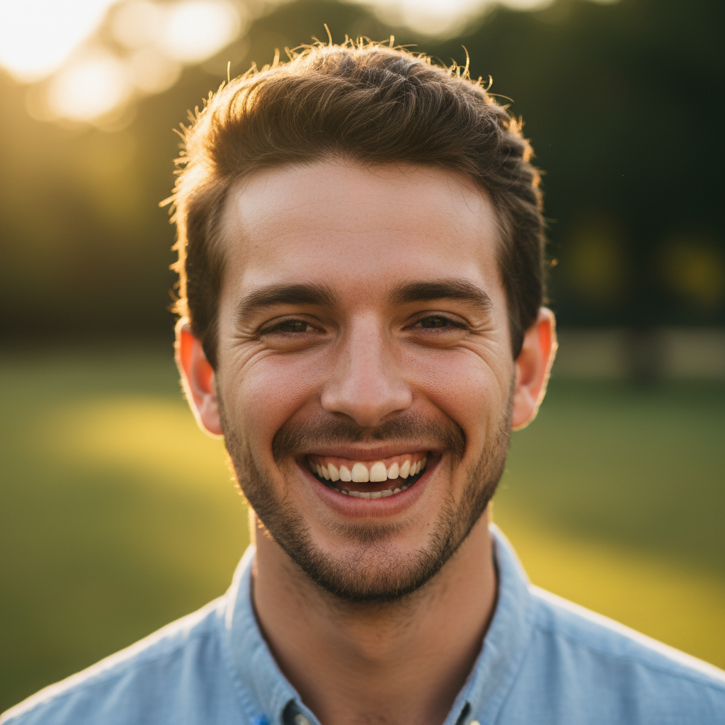 Young man smiling in casual setting, bright natural light