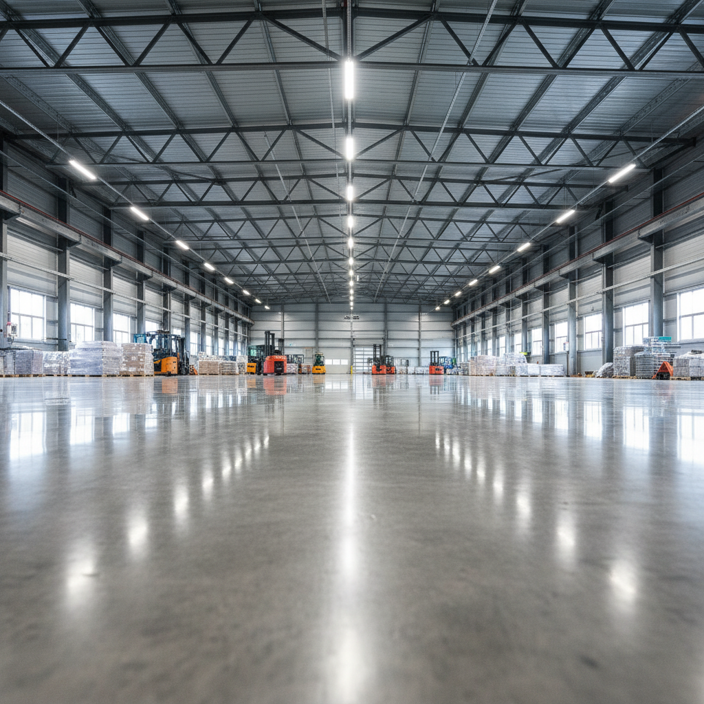 Large warehouse floor with mirror-polished concrete surface under industrial lighting, showing reflection of steel beams