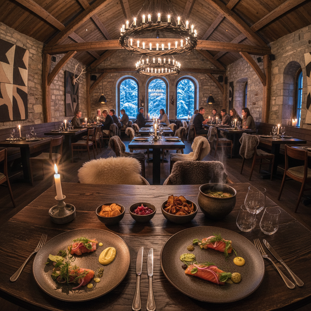 Intimate restaurant dining room with candlelit table set for twelve with artful plating and Nordic decor