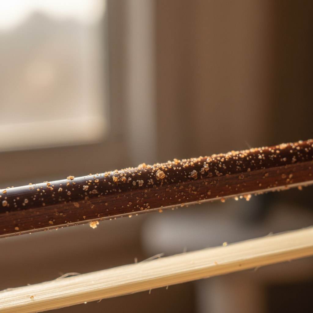 Rosin dust catching light on a violin bow