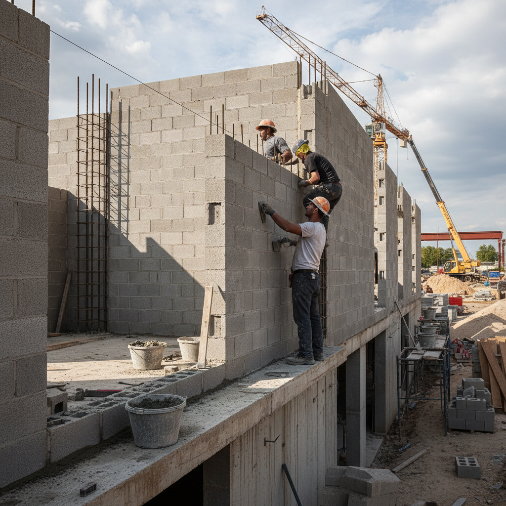 Commercial masonry wall construction, concrete block, structural work