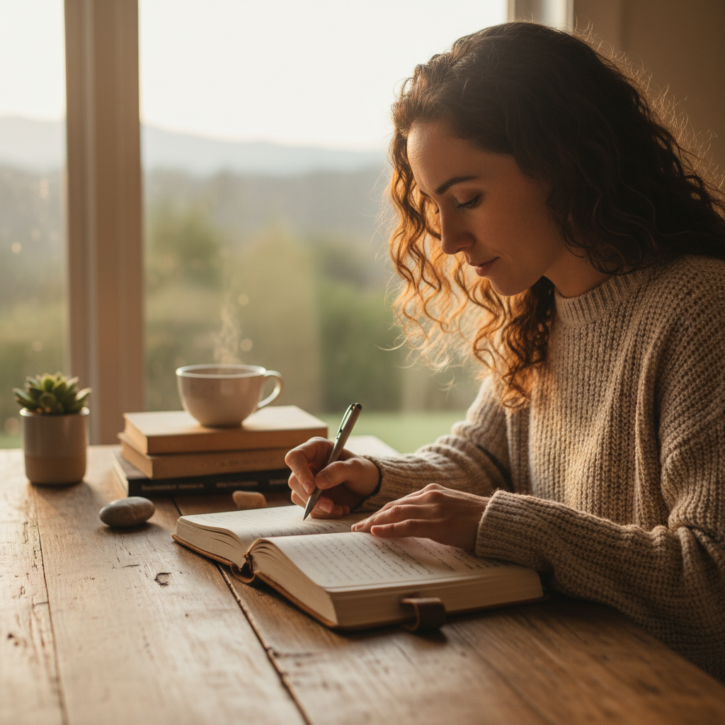 Person journaling during peaceful morning sunrise with soft natural lighting