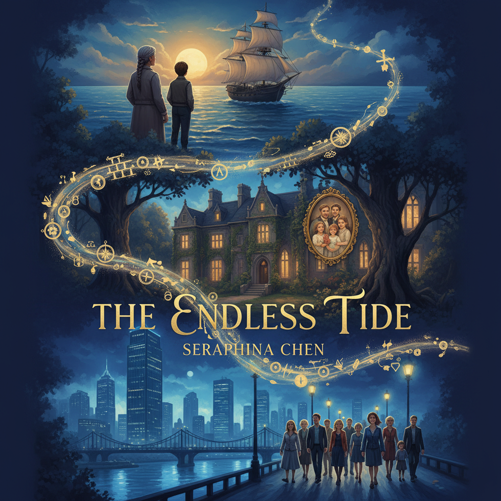 Multi-generational saga novel cover with warm blue tones