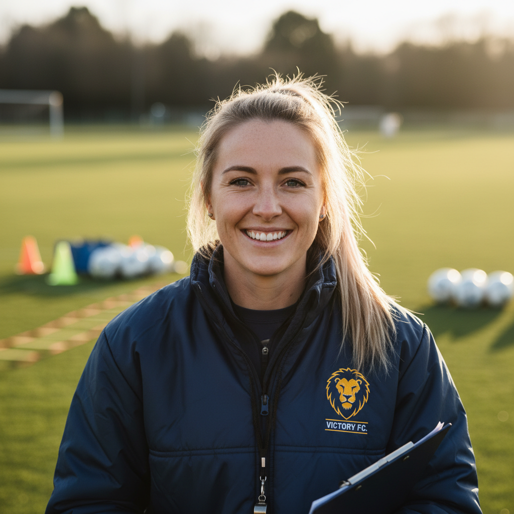 Mia Thornton, head coach, smiling in the gymnasium wearing a Vault coaching polo
