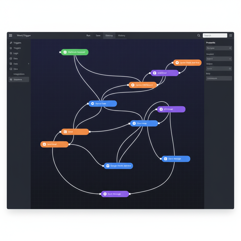 Screen recording-style image showing workflow builder interface with connected AI nodes