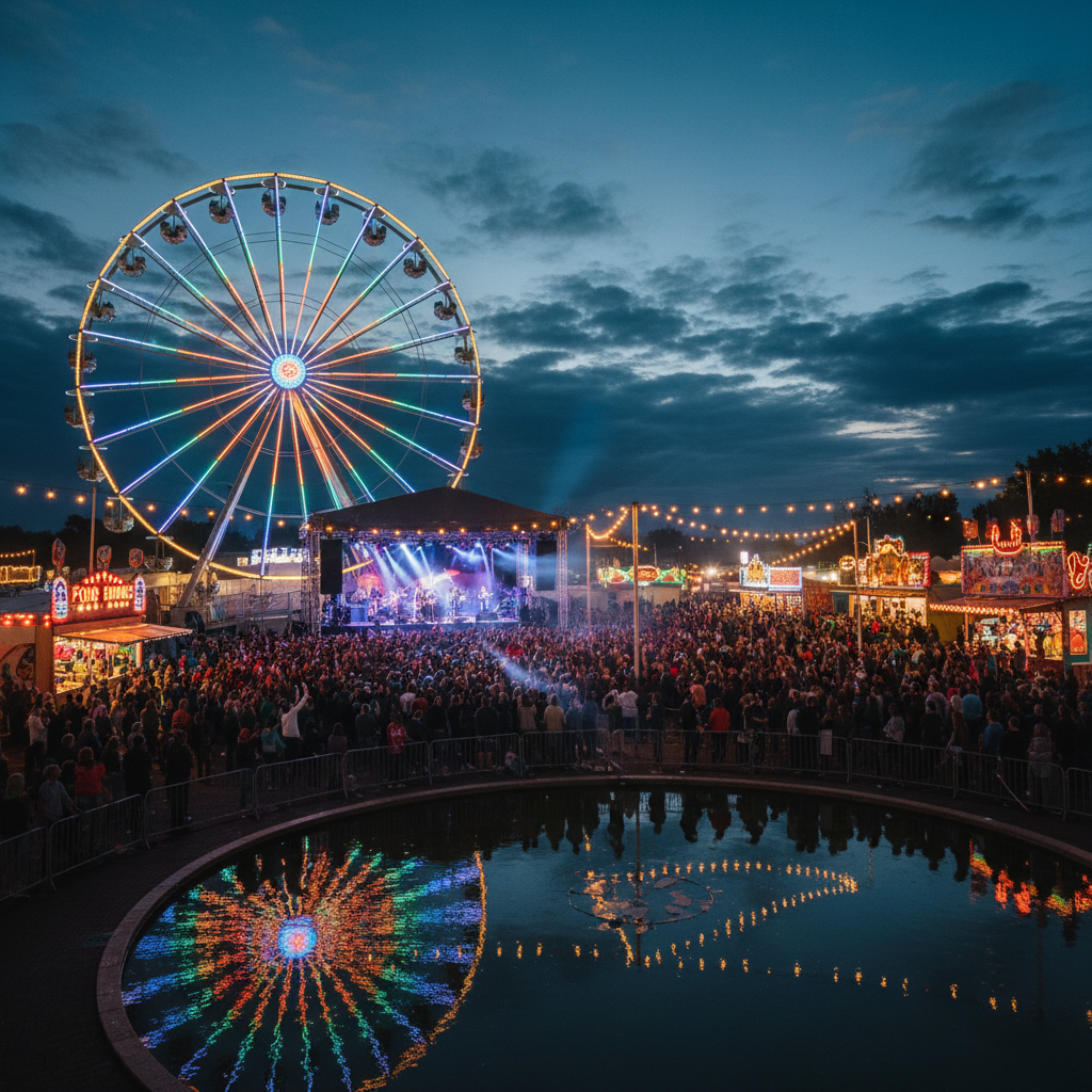 Panonika concert venue with ferris wheel and colorful lights at night