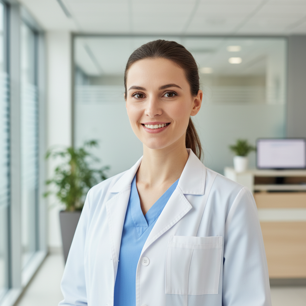 Médico sonriente en clínica privada, ambiente profesional y cálido, fondo oscuro para texto blanco