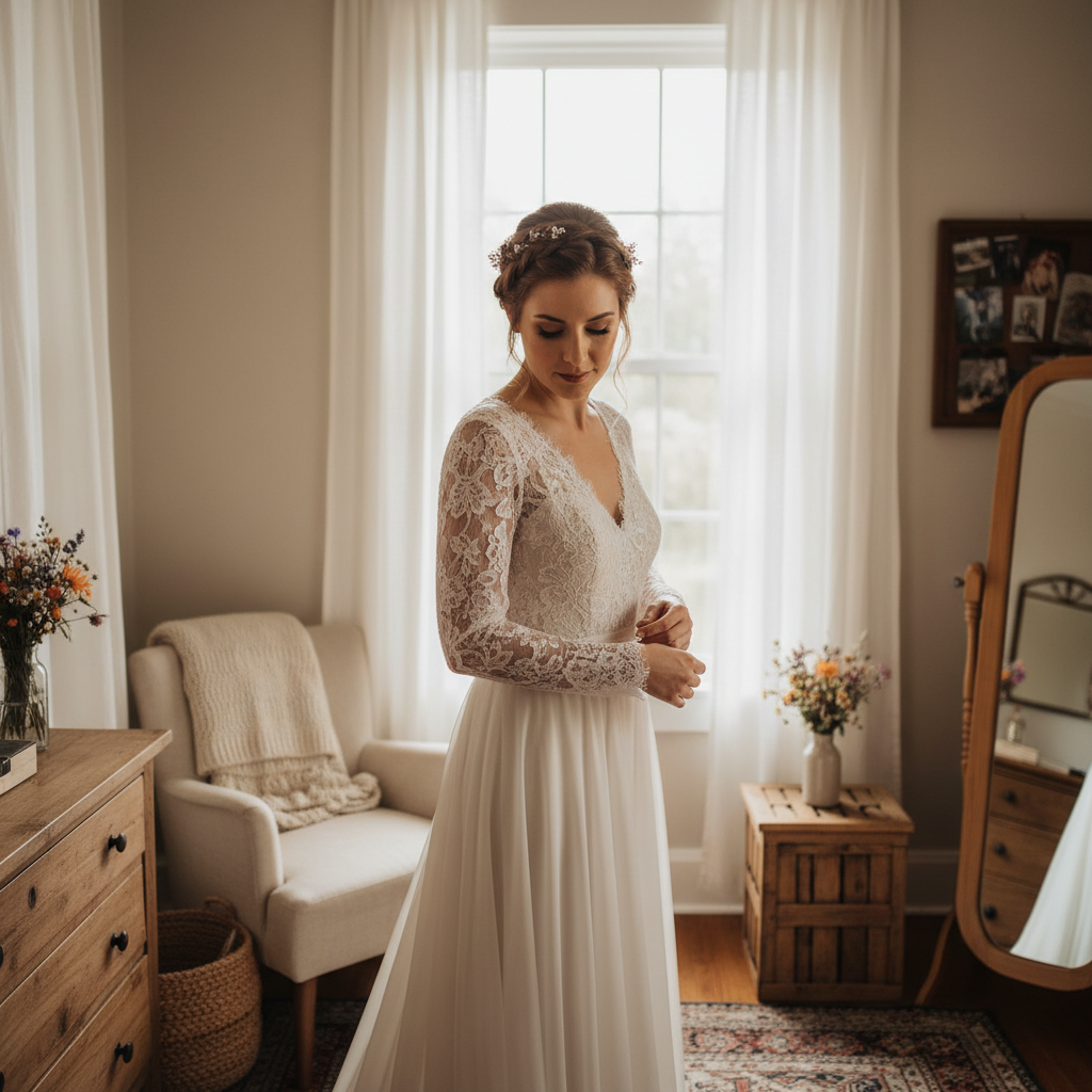 Bridal half-up style, client in Airbnb getting ready