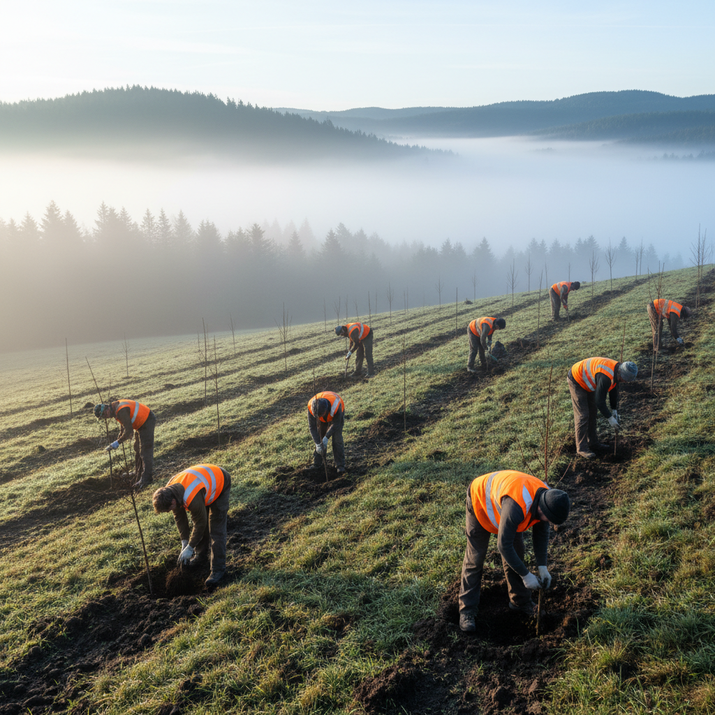 A crew of eight Grove restoration workers planting saplings in staggered rows across a hillside, morning fog in the valley below