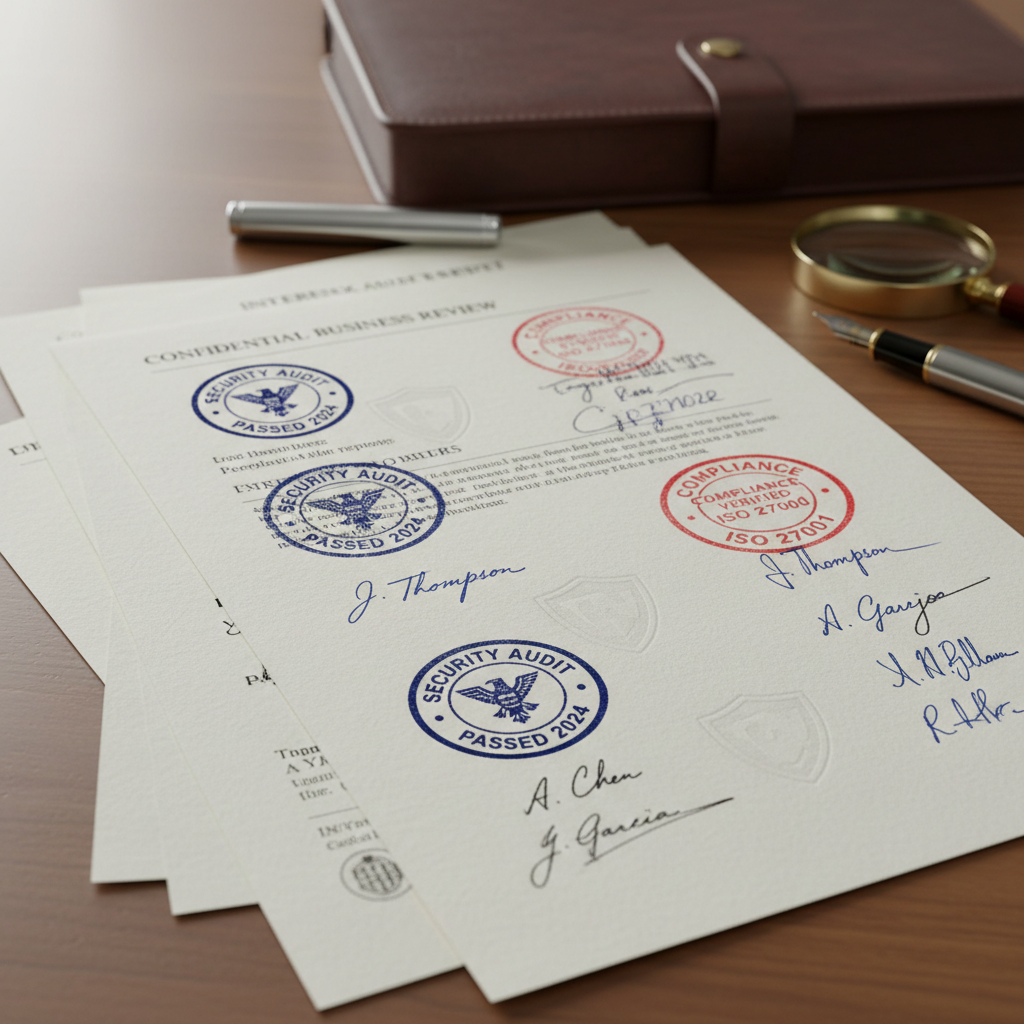 Professional reviewing compliance documents with digital security icons overlay