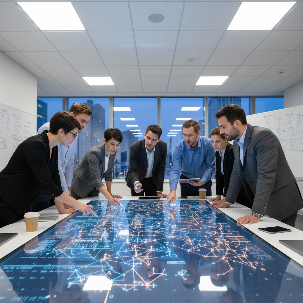 Researchers collaborating around a large digital display showing global research network connections and data visualizations