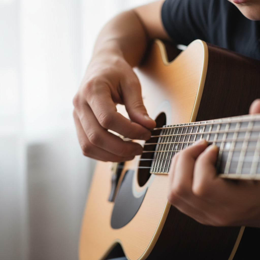 Tiny fingers on guitar frets guided by counselor