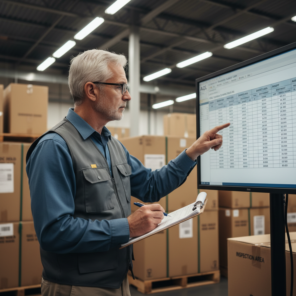 Senior male quality inspector reviewing AQL sampling table with clipboard in warehouse setting, stacked cartons behind him