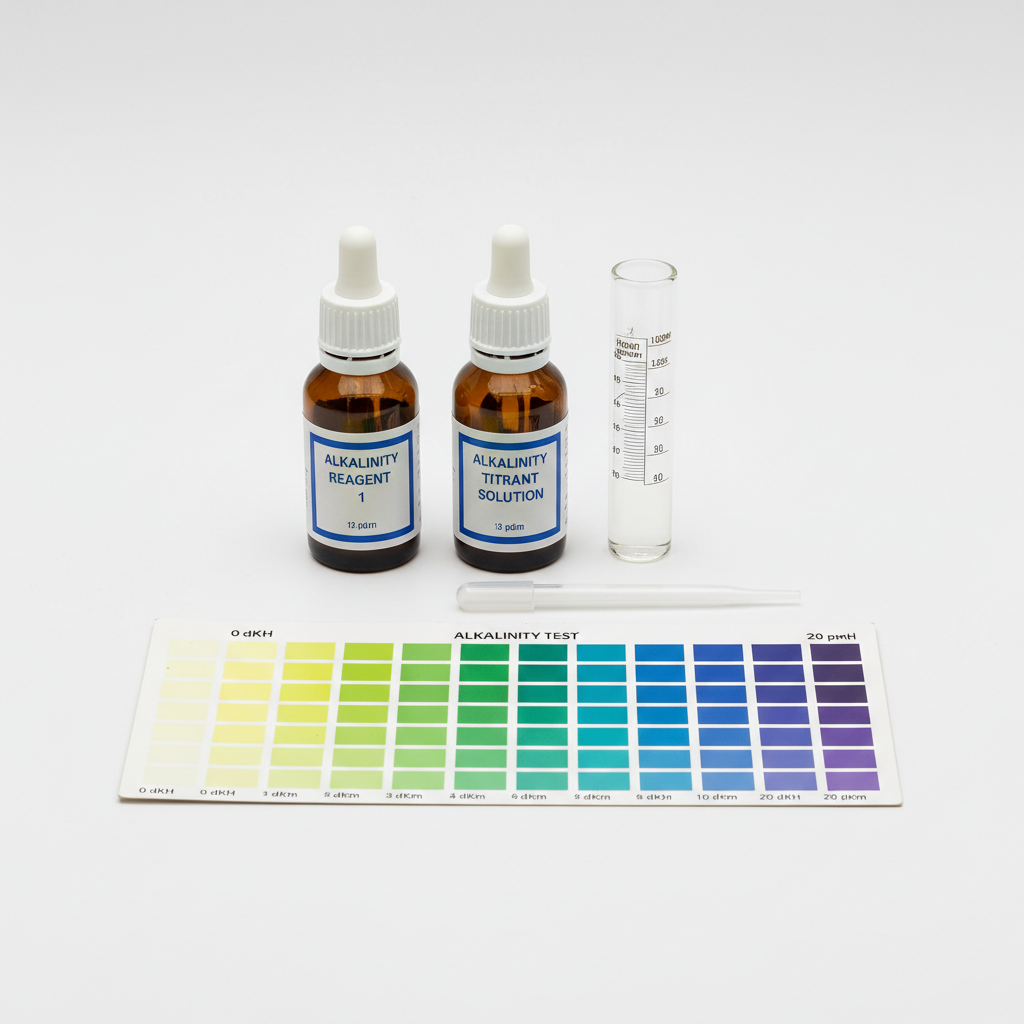 Professional alkalinity test kit with reagents and color chart