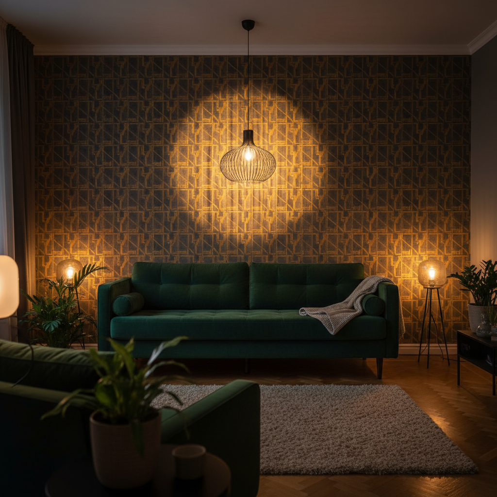 Deep charcoal velvet sofa in dim atmospheric living room with moody low-key lighting and dark walls