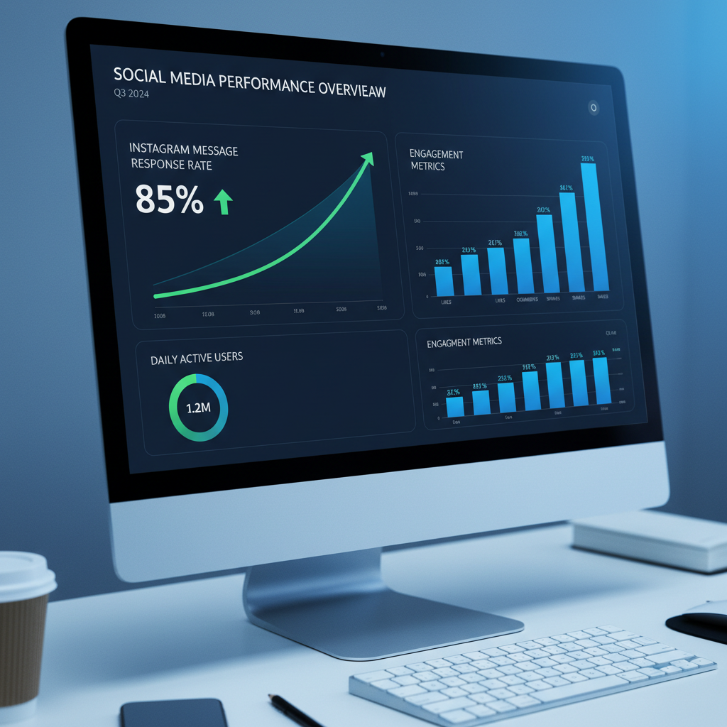 Marketing performance graphs trending upward on dark analytics dashboard, professional