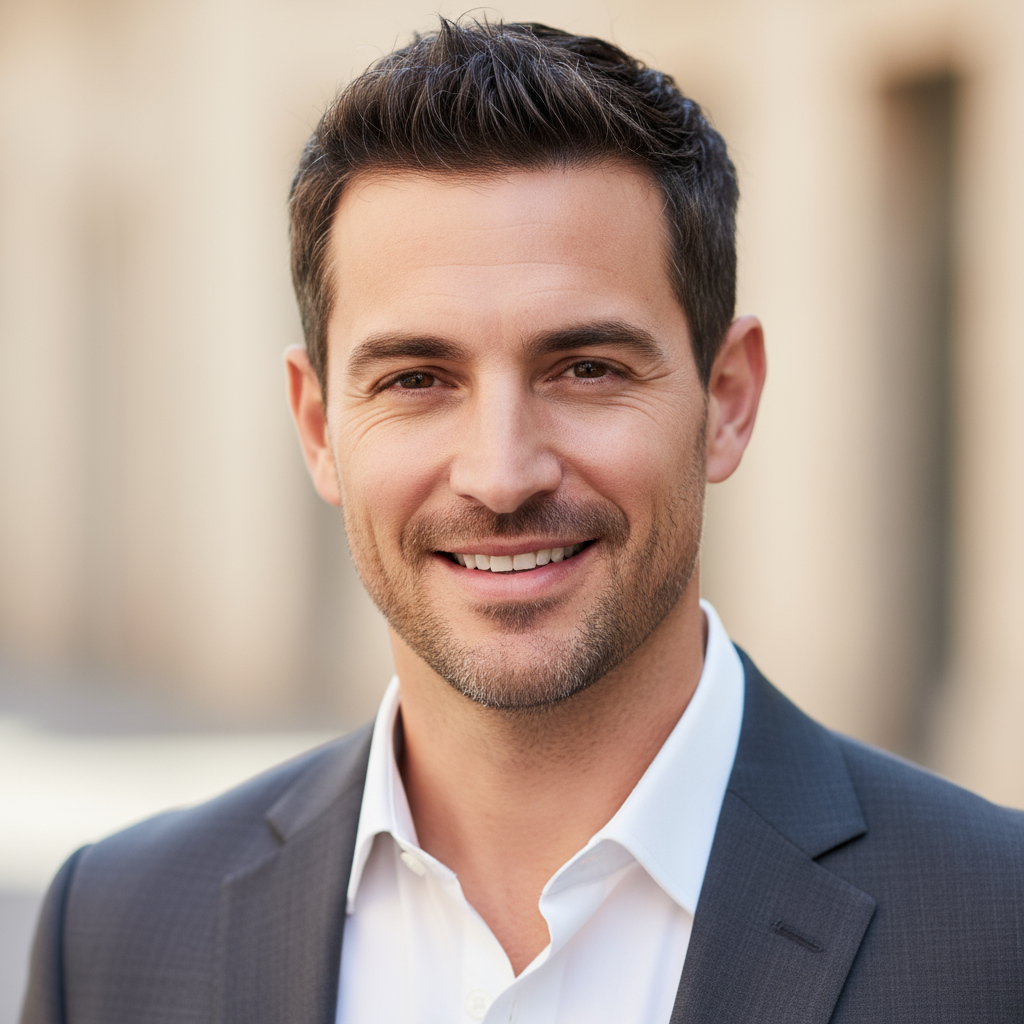 Professional portrait of Marcus Chen, CTO with black hair and glasses in dark suit smiling confidently