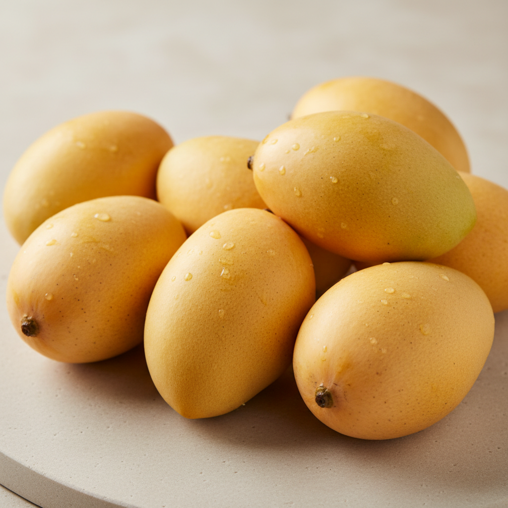 Golden mango pulp in dark moody setting, dim atmospheric lighting, deep shadows