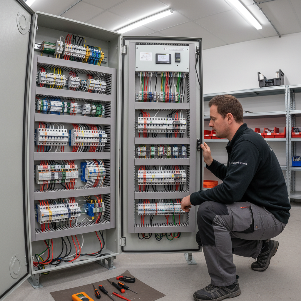 Electrician installing smart home panel with modern wiring and circuit breakers in Oman