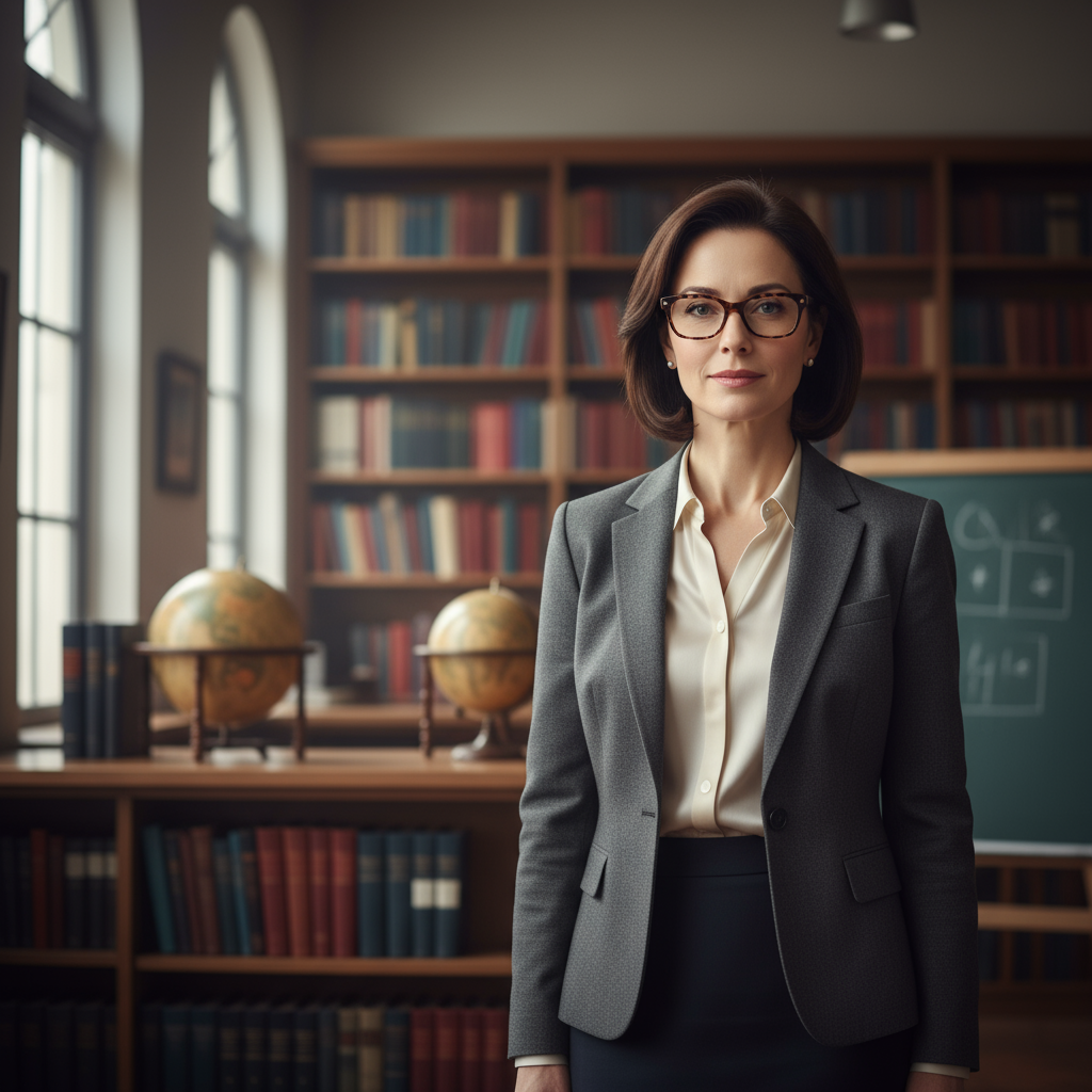Female academic professional in formal attire, approachable expression, office setting
