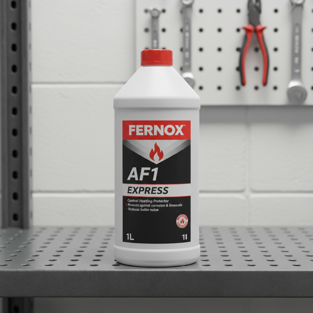 Fernox heating inhibitor bottle on a workshop shelf