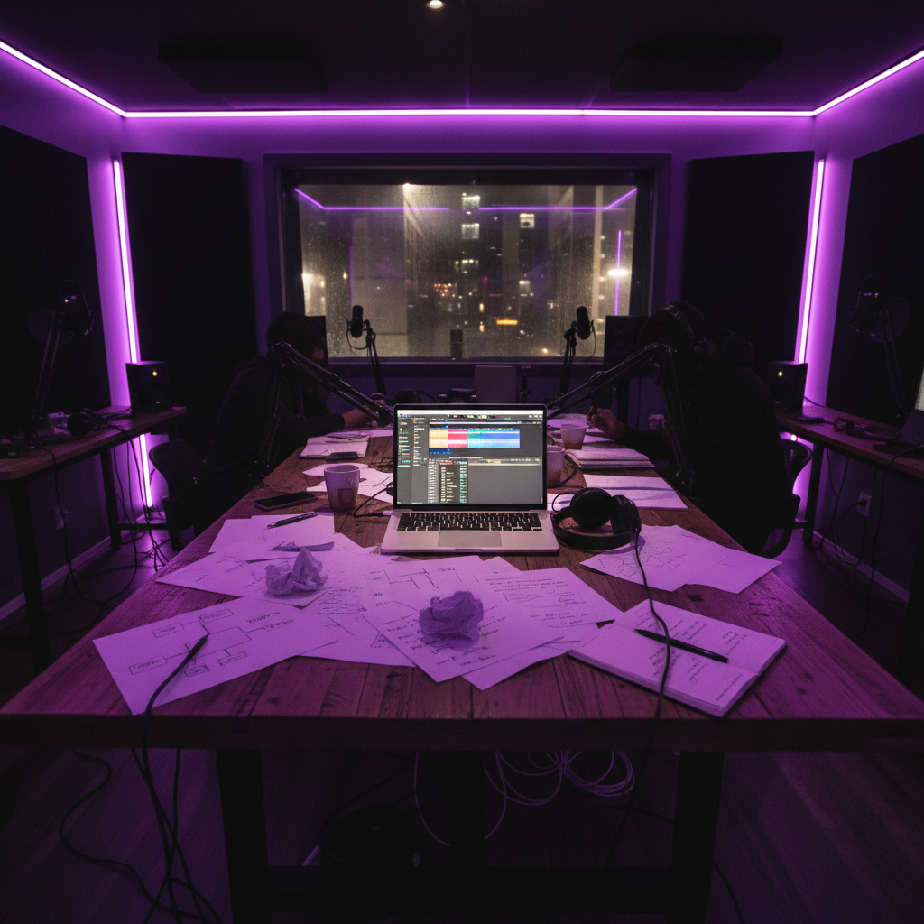 Professional podcast recording session with microphone in dark studio, atmospheric low-key lighting, deep shadows