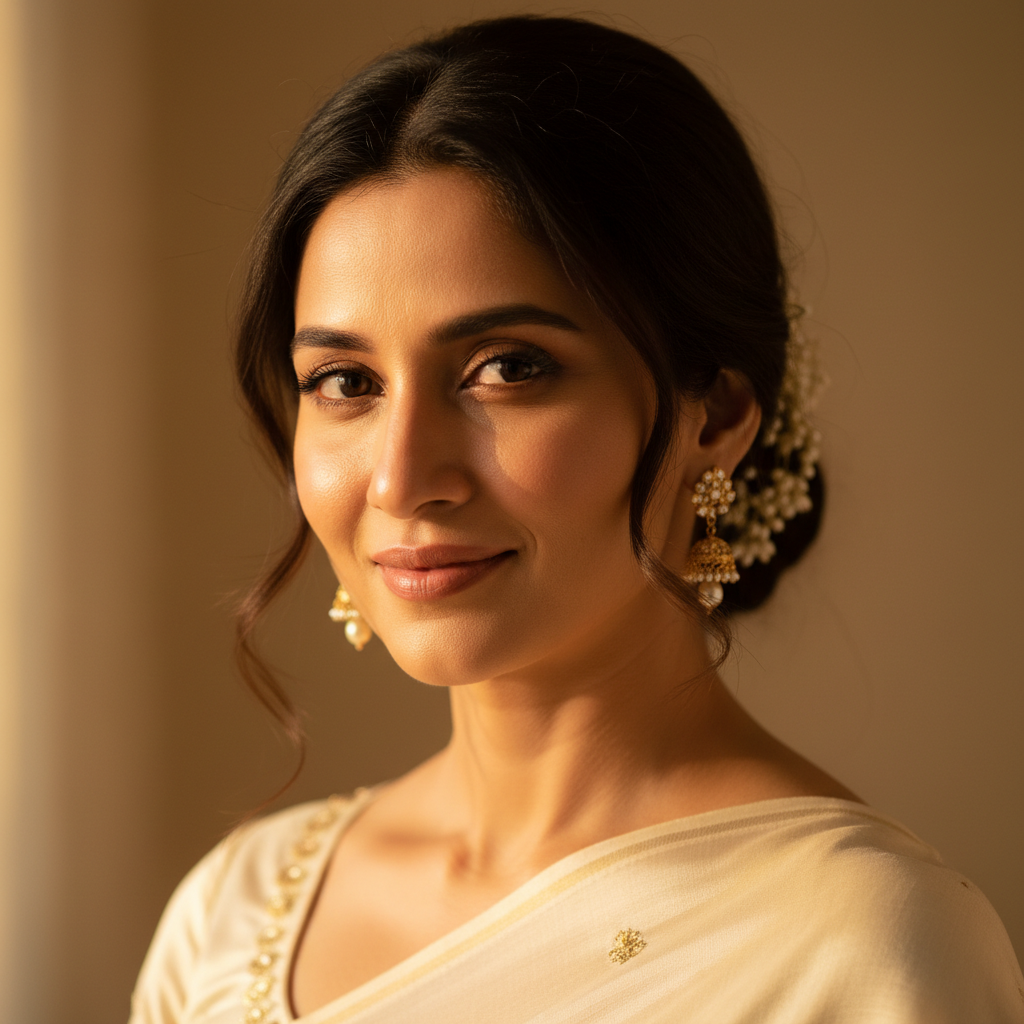 Portrait of Fatima Begum, woman with elegant appearance, warm background