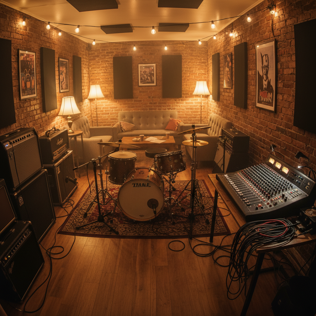 Mid-size rehearsal room with drum kit, amplifiers and mixing board under warm amber lighting