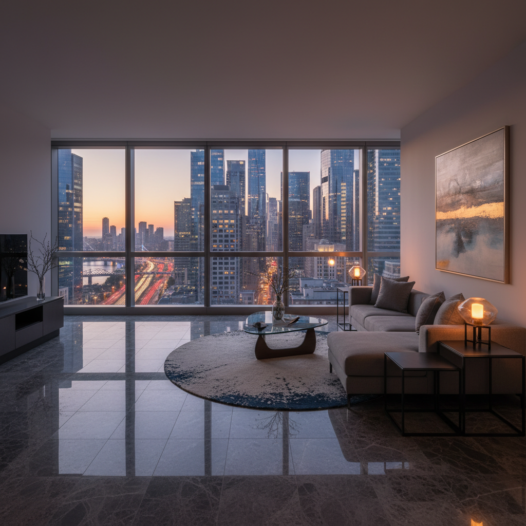 Sophisticated apartment living area with dark marble floors and city financial district views at twilight