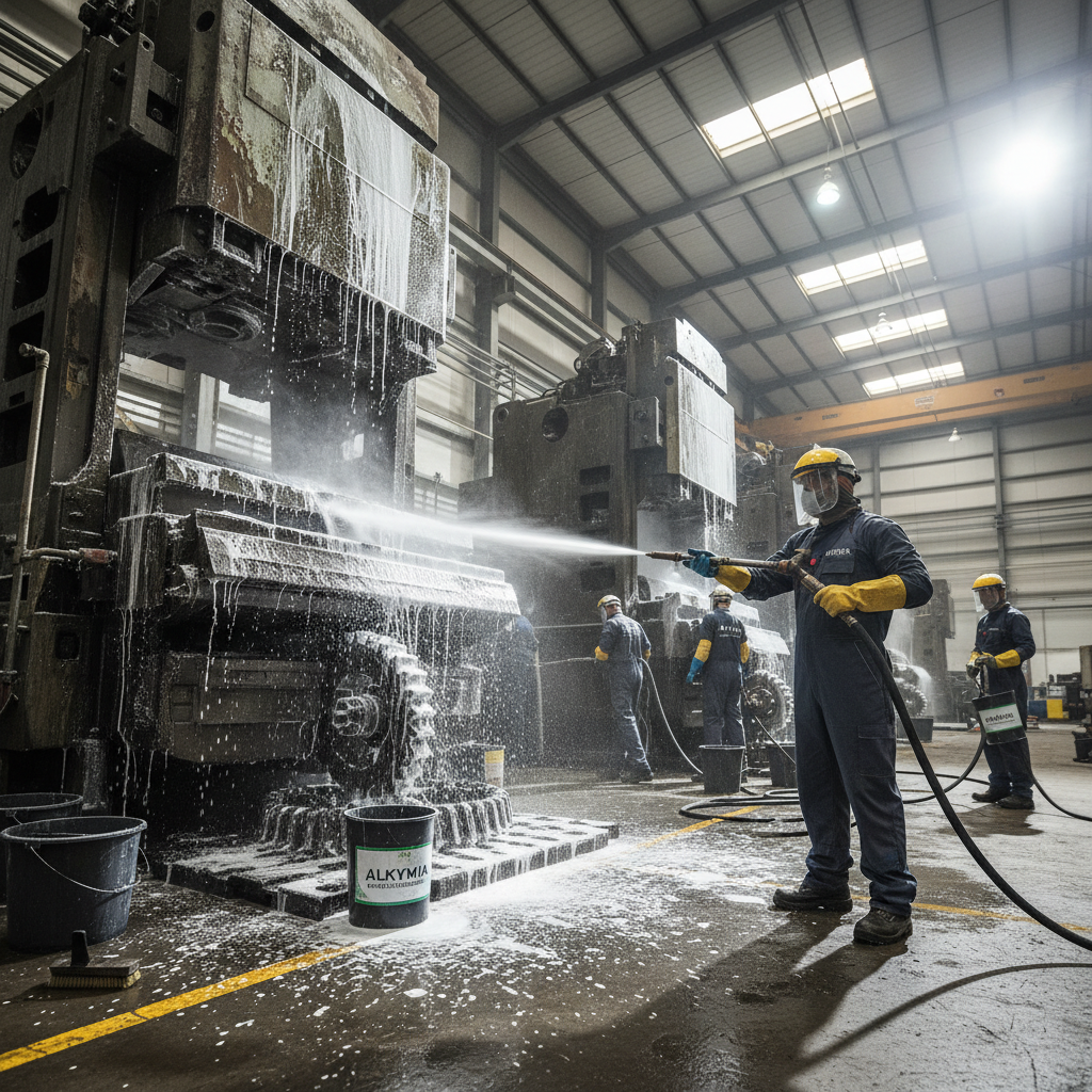 Professional industrial cleaning team in protective equipment working in a bright factory floor
