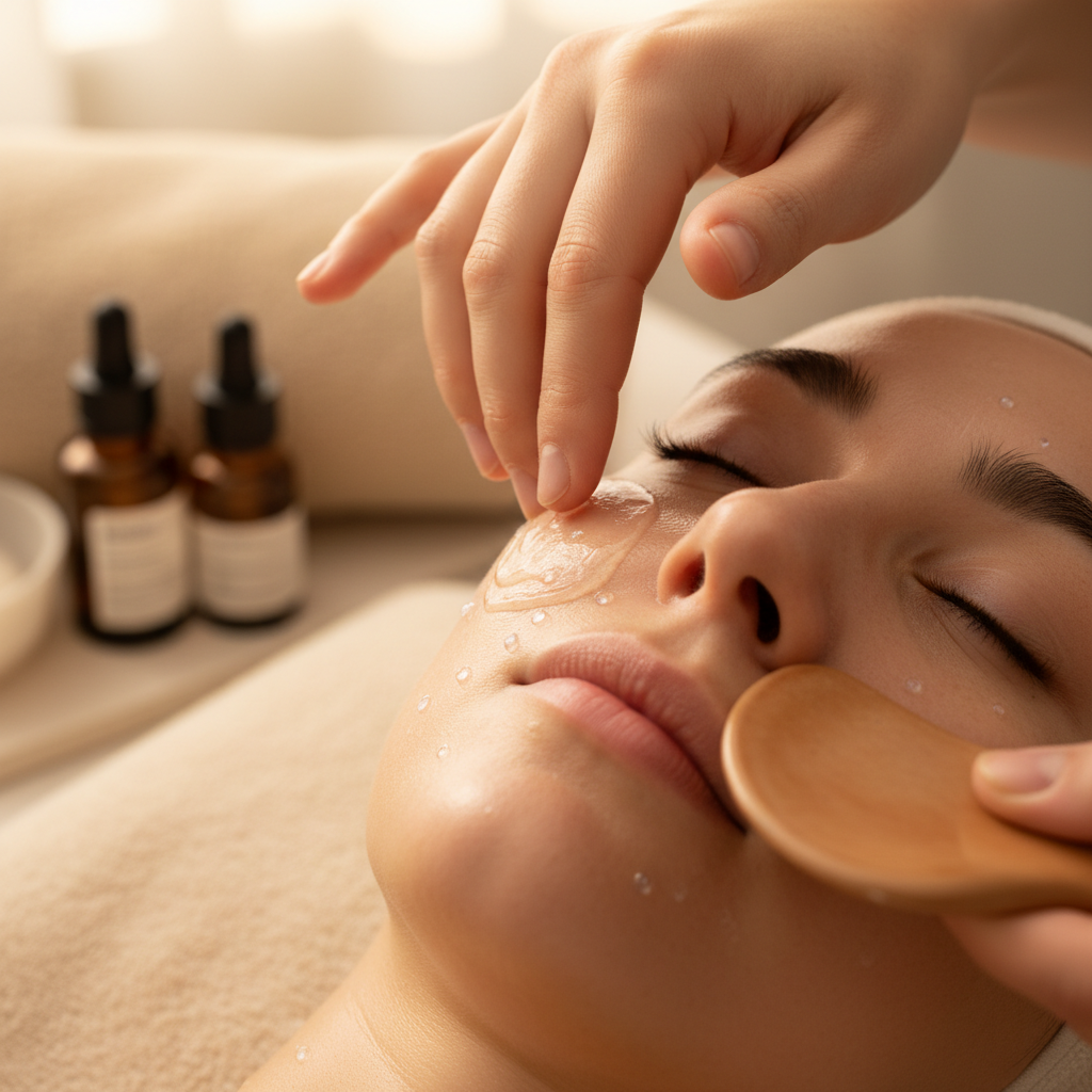 Professional facial treatment with steam and serums, dim spa lighting, skincare professional at work