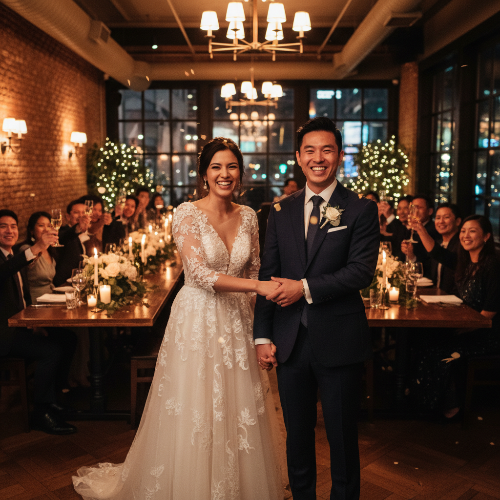 Olivia and James Hartwell, a couple who got married at Vow restaurant in September 2025