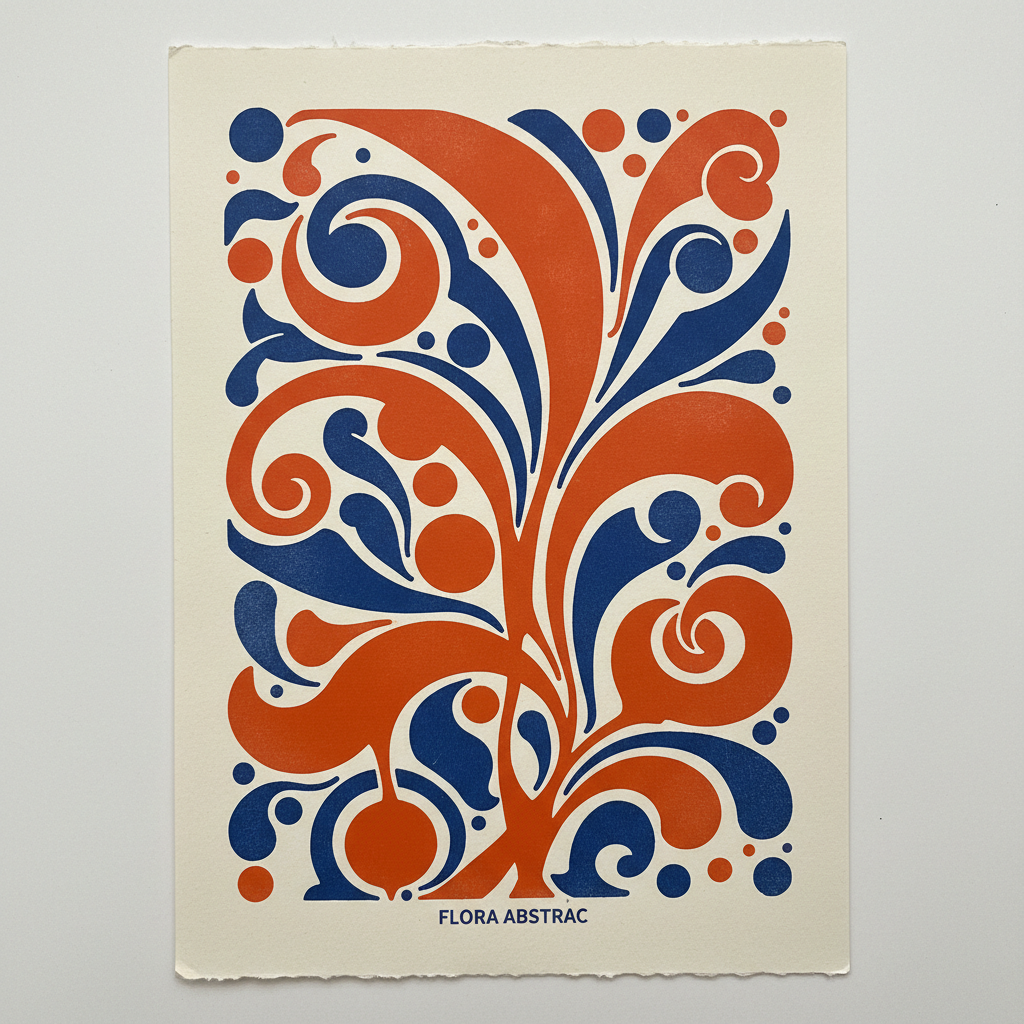 Three-color screenprint poster, abstract botanical forms in cadmium and indigo