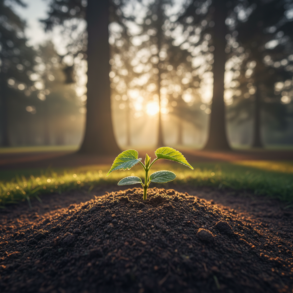 Young sapling rising from a gentle mound of earth at dawn, dew clinging to first leaves, older trees blurred in the background of a memorial grove
