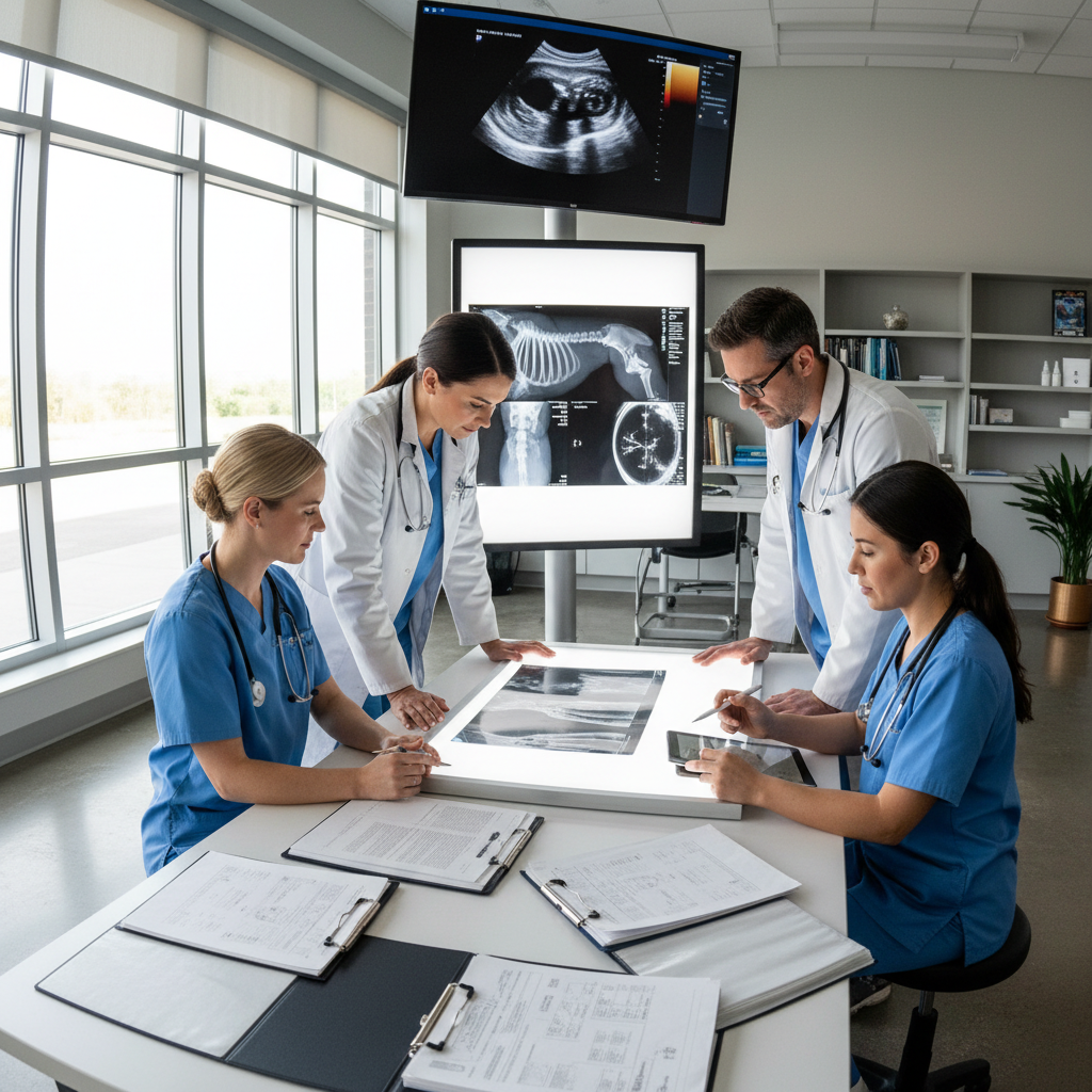 Veterinary team reviewing diagnostic results