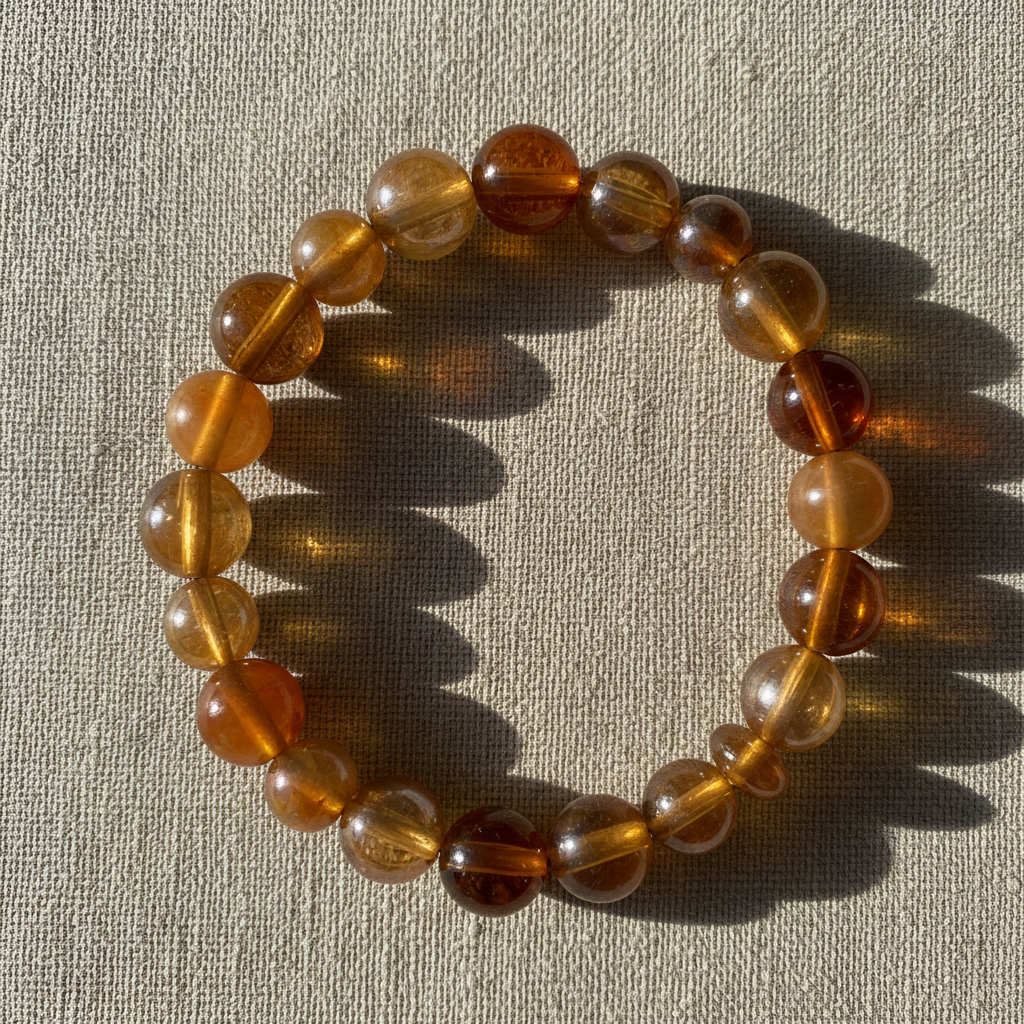 Golden yellow citrine and metallic pyrite crystal bracelet on cream fabric
