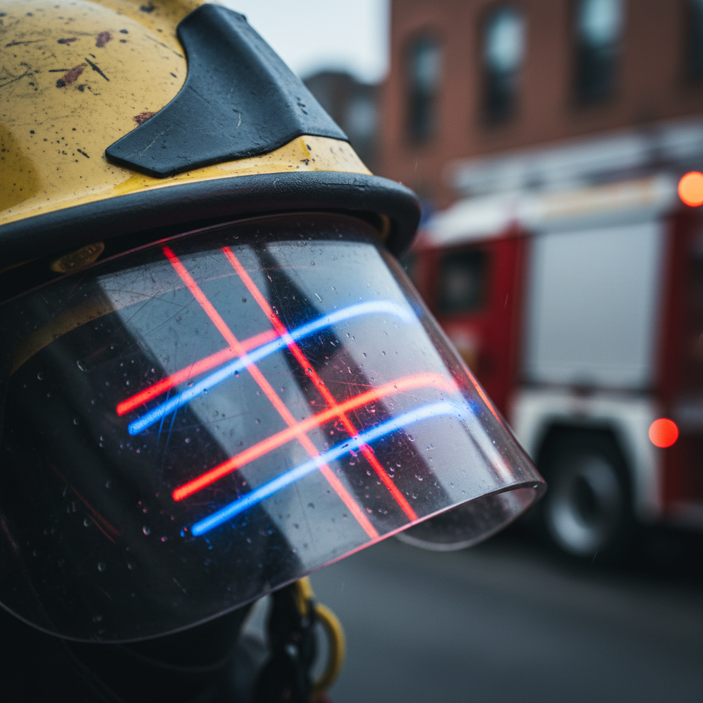 Fire helmet visor reflecting emergency strobe lights at night scene