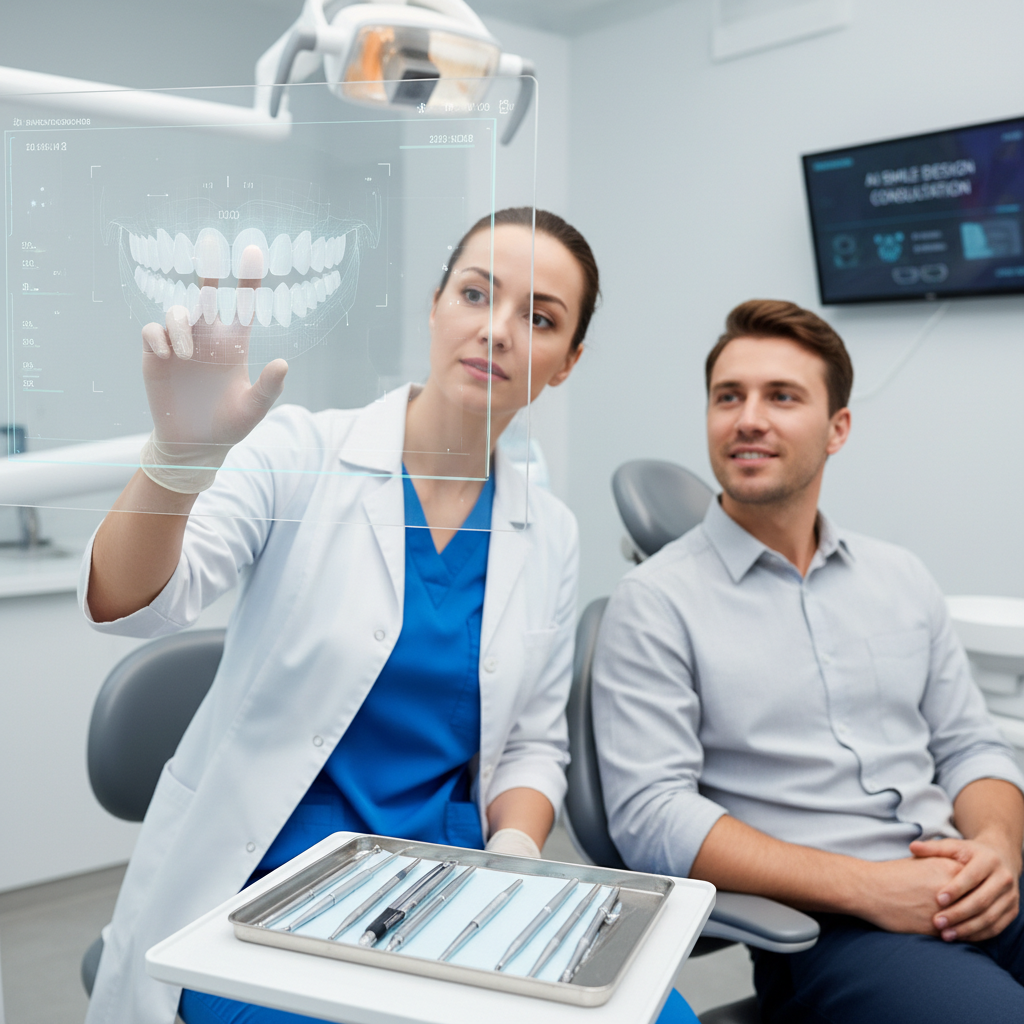 Dentist reviewing digital smile design on screen with patient
