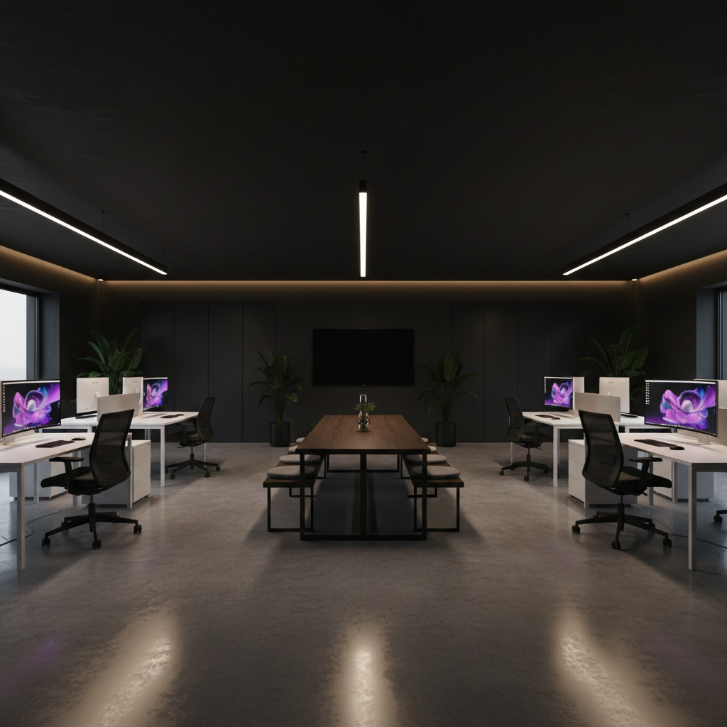 Creative agency team in a modern studio, dark moody lighting, professional workspace, deep shadows and warm accent lights