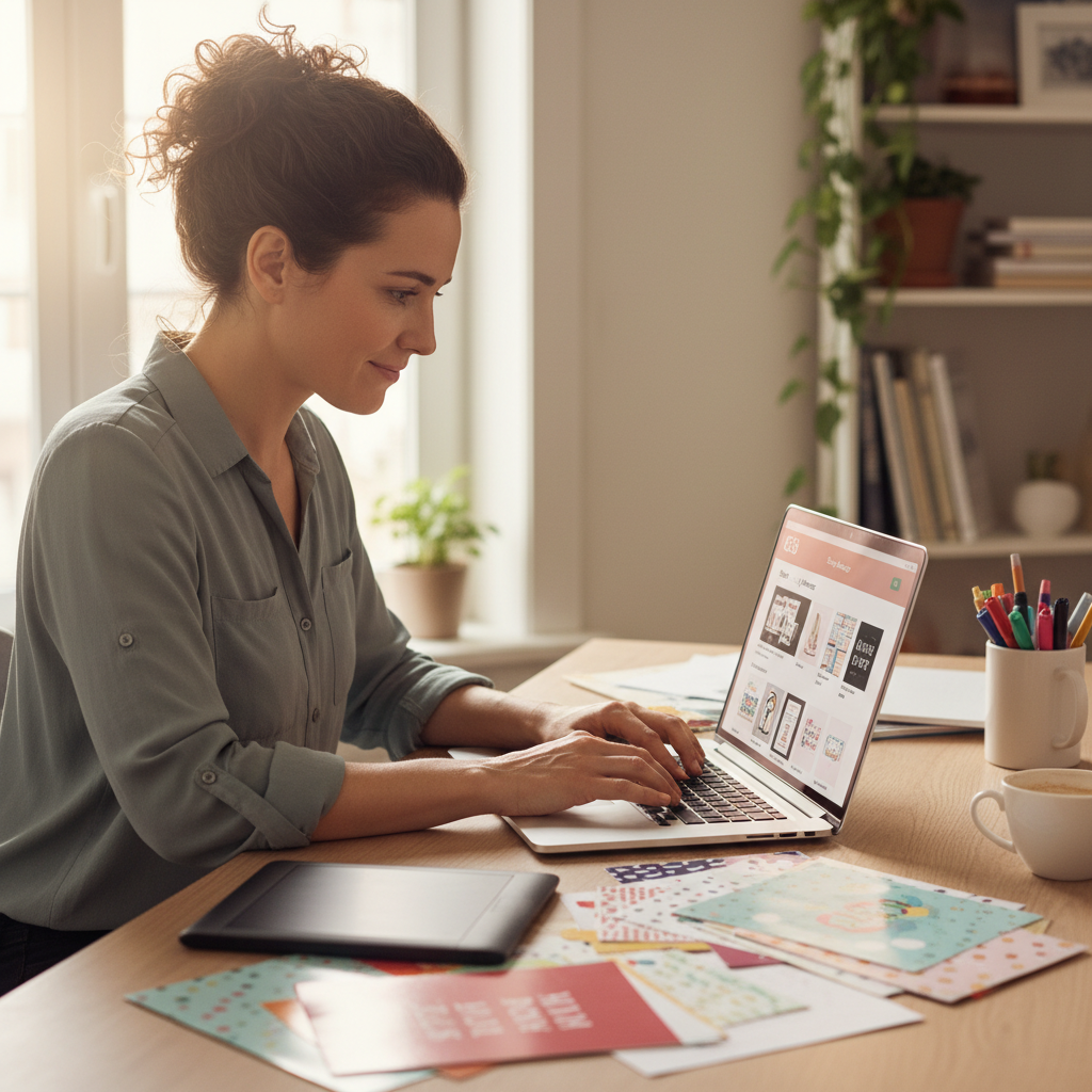 Person working on laptop with coffee cup and creative workspace showing productivity and design work