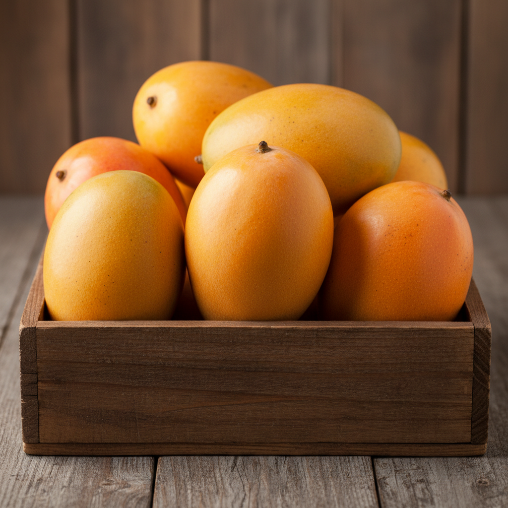Golden yellow alphonso mangoes in bunch on warm wooden surface