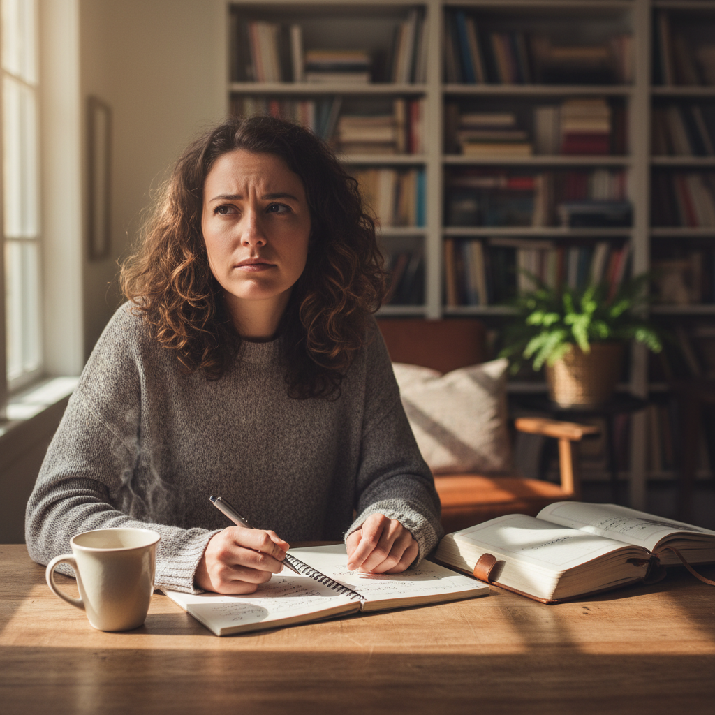 Person in a home office with notebooks and a cup of coffee, mid-thought