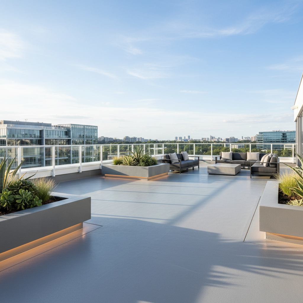 Urban apartment building rooftop terrace with seating areas, planters, and city skyline views