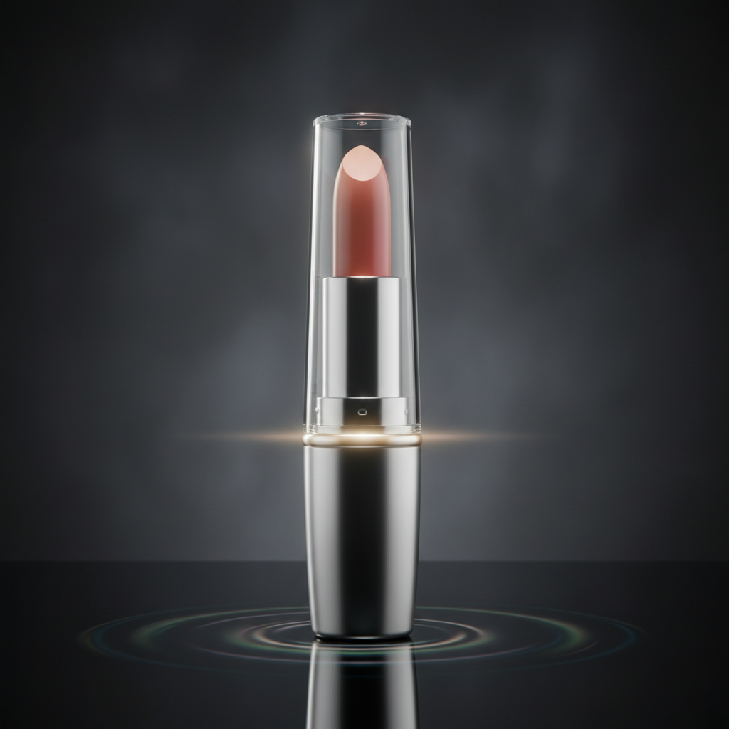 Sheer glossy lip gloss tube reflecting light on dark velvet background atmospheric lighting