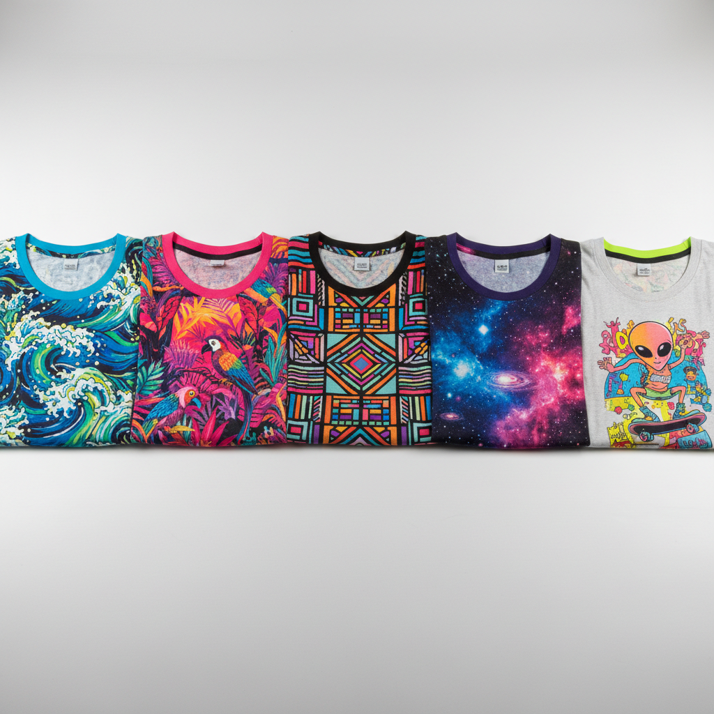 Neatly arranged custom printed shirts and hoodies on clean white background
